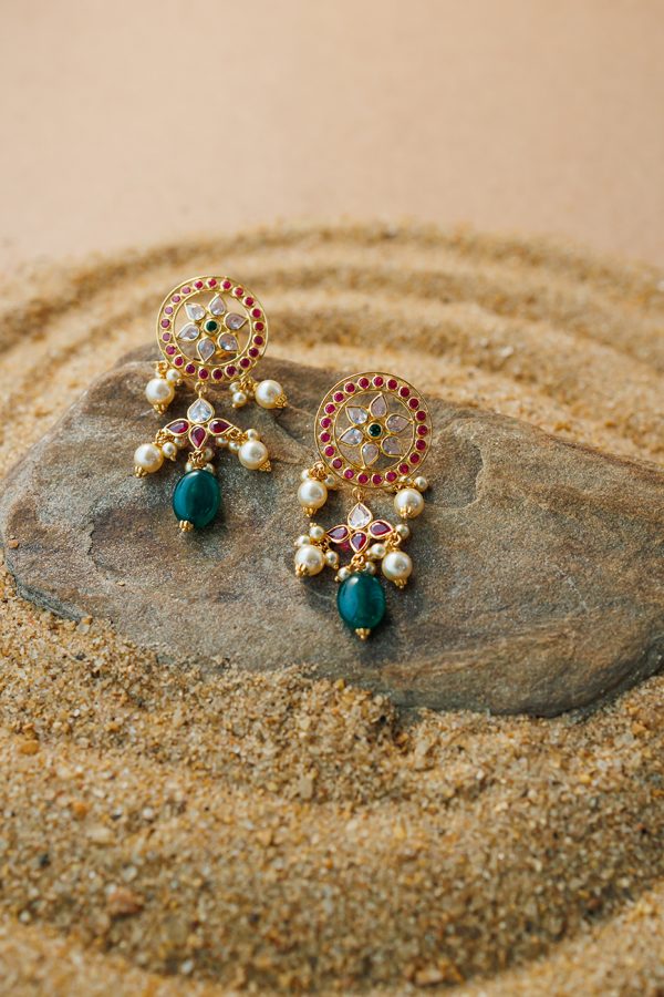 Red gem stones pearls and green onyx earrings